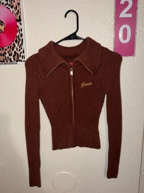 GUESS Chocolate Brown Ribbed Zip-Up Sweater